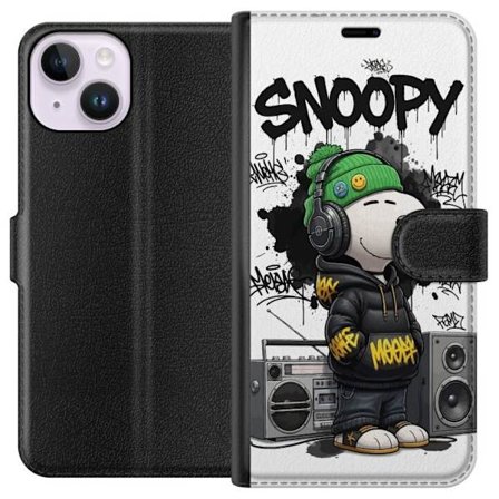 Kompatibel Tegnebogsetui til Apple Apple iPhone 14 Snoopy i gadebeklædning med hovedtelefoner, graffiti stil og et stort smil, mens han står ved sid