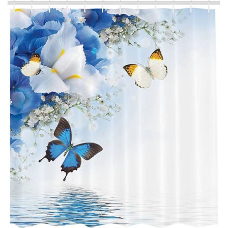 Blomstret Bruseforhæng, Dam Eksotiske Blomster, Badeværelsesindretningssæt i Stof med Kroge, 180 cm x 200 cm, Blå Hvid (LGL)