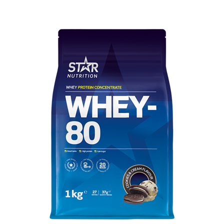 Star Nutrition Whey-80 Valleprotein 1 kg, Cookies and Cream (Dessert) - Bodyman.dk