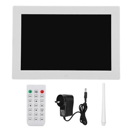 12-tums digital fotoram med HD 1280x800 upplösning, stöd för MP3/MP4/bildspel (vit) 100-240VAU