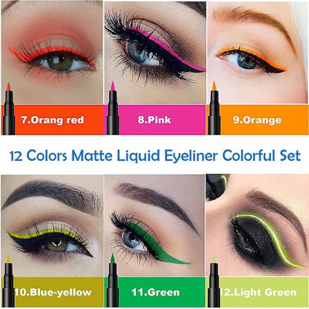 12-delad matt flytande färgad eyeliner-set, färgglada neon-eyeliners, regnbågsfärgad eyeliner-penna, snabbtorkande ögonmakeup-penna
