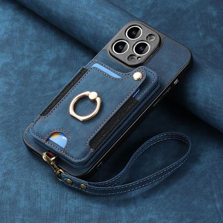 Etui til iPhone mobiltelefon i læder med RFID-anti-tyveri børste ring spænde snor multifunktion kort holder Blue [With Leather Lanyard]] iPhone 16