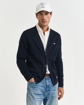 GANT - Klassisk bomullscardigan med v-hals til herre evening blue