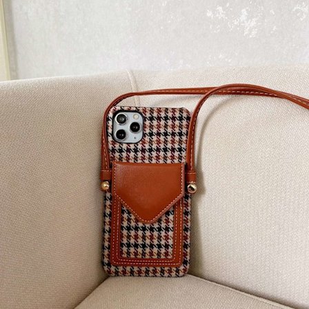 Etui til iPhone 14plus rød houndstooth retro crossbody kortholder halv anti-fald