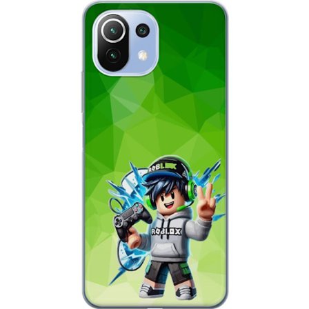 Kompatibelt Mobildeksel til Xiaomi 11 Lite 5G NE Roblox-inspirert gamerfigur med headset, håndkontroll og energiske effekter mot grønn bakgrunn