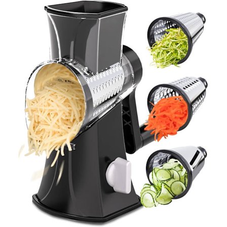 Roterande ostrivjärn med stor diameter, multifunktionell köksskärare och -strimlare, med en kraftfull sugkoppsbas och tre blad.