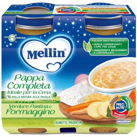 Mellin Cena Completa Pastina Verdure Formaggino 6 Mesi+ 2x200g