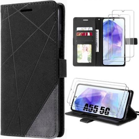 Fodral + 2 härdade glasögon för Samsung Galaxy A55 5G, PU-läder i retrostil med korthållare och stativfunktion - svart Svart