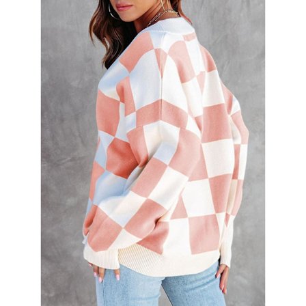 Rutig dam med v-ringad knapp och långärmad kabelstickad Oversized cardigan tröjor Toppar