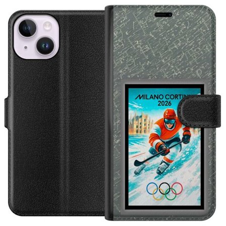 Yhteensopiva Lompakkokotelo Apple iPhone 15 Curlingkuvitus pelaajilla ja kivillä jäällä, Milano Cortina 2026, lumisia roiskeita ja olympiasormukset