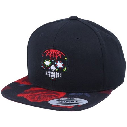 Calaveras - Svart Keps - Dark Colors Skull Rose Red Snapback @ Hatstore