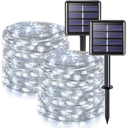 Hvide solcellelyskæder til udendørs brug, vandtætte, 2 stk. 39,4ft 100 LED solcellelyskæder til jul, 8 tilstande kobbertråd solcellelyskæder til jul