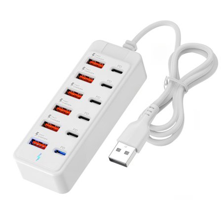 12-Port USB- Hurtiglade Strømskinne med 66W PD Strømforsyning, 6 USB-A & 6 PD Porter (Type-C), Kraftig 95cm Skjøteledning, Kompakt Lading