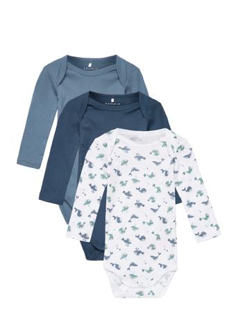Nbmbody 3P Ls Majolica Blue Whale Bodies Long-sleeved Multi/mönstrad Name It