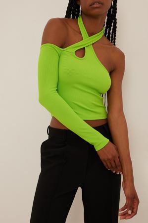 NA-KD Trend Haut asymétrique côtelé à découpes - Top dos nue - Vert - EU 34