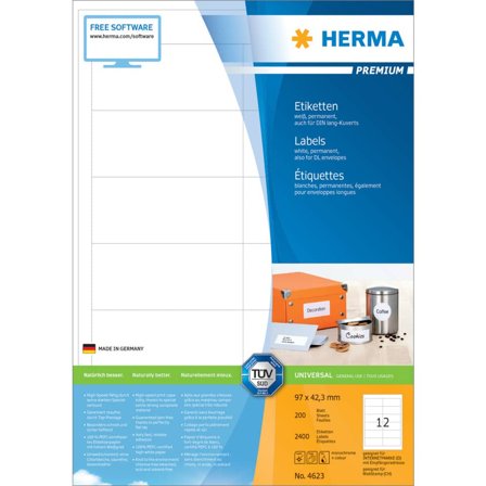 Herma Premium - Papir - matt - permanent selv-adhesiv - hvit - 97 x 42.3 mm 2400 etikett(er) (200 ark x 12) laminerte etiketter