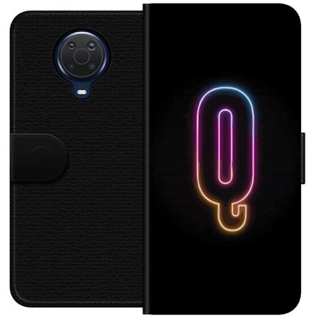 Kompatibel Tegnebogsetui til Nokia Nokia G20 Minimalistisk neonbogstav Q i lyse farver mod mørk baggrund