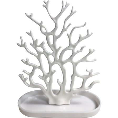 Vit Koralltre Smykkehenger Stativ Bordplate Halskjede Armbånd Holder Øredobb Henger Organizer Rack Tårn med en Ring Klokke Fat Brett for