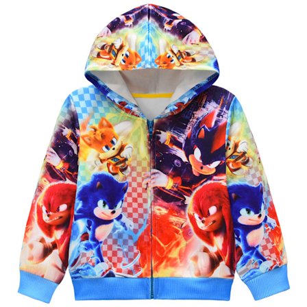 Sonic Tegneserie Digitaltrykt Hættejakke med Lynlås til Mellemstore og Store Børn