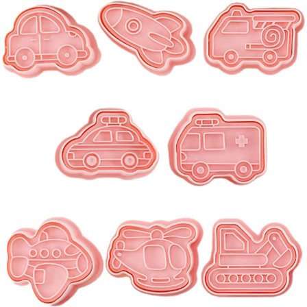 Bagetilbehør, 8 stk./sæt køretøjsmønster småkageforme, genanvendelige,