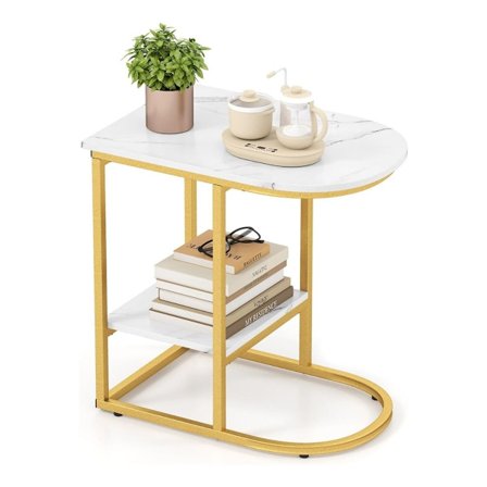 C-muotoinen sivupöytä, tekomarmori, 2-tasoinen säilytystila