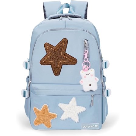 Ryggsäck för flickor, skolväska med stjärntema, estetisk skolryggsäck med söt berlock, preppy ryggsäck för tonåringar, grundskola och gymnasium