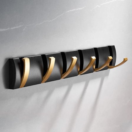 Vægmonteret tøjbøjle med 6 kroge, moderne sort guld, sammenklappelig