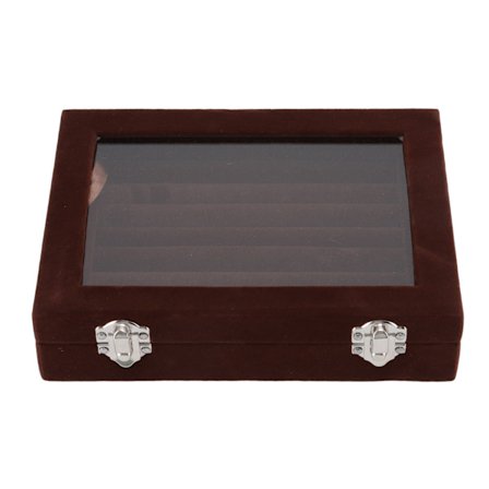 7-spors smykkeutstillingsboks i fløyel med klart lokk for ringer, øredobber og halskjede, brun