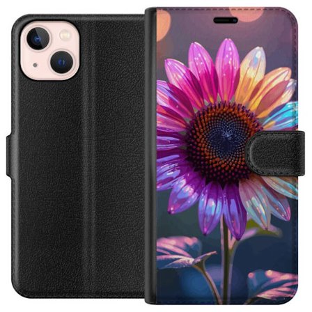 Kompatibelt Lommeboketui til Apple iPhone 13 Irideserende blomst med glitrende kronblad i rosa lilla og gull mot myk bokeh bakgrunn