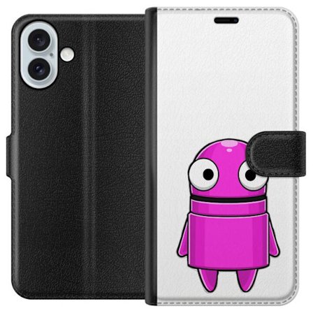 Kompatibelt Lommeboketui til Apple Apple iPhone 16 Plus Rosa tegneseriefigur med rund form og store øyne på mørk bakgrunn