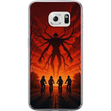 Kompatibelt Mobilskal till Samsung Samsung Galaxy S6 edge Mörk Stranger Things-inspirerad skräckillustration med röd himmel, monsterfigur och cykla