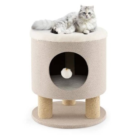 COSTWAY Cat Tree 47 CM, asunto ja raapimistolpat, kuorma 60 kg, leikkitorni kissoille pehmopallolla, beige