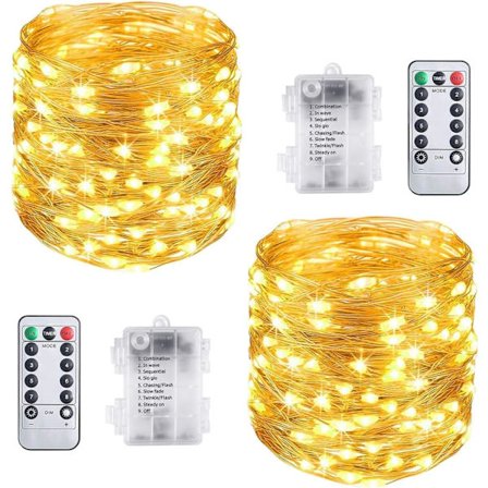 2-pack Fe-ljusslingor, Cooper-ljusslinga, 100 LED 10 m varmvit Fe-ljus, Vattentät IP65 Koppartrådslampa (batteri ingår ej)