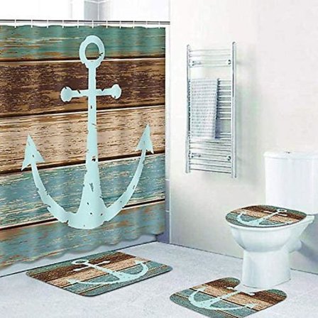 Ship Beach 4-delt anker bruseforhængssæt træplanker til badeværelsessæt med skridsikker måtte, toiletlågbetræk, bademåtte og 12 kroge 72x72 tommer