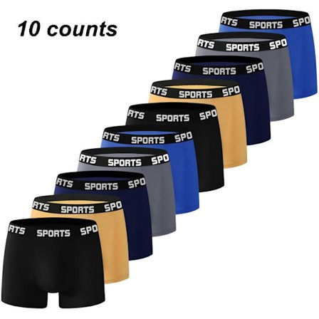 10 par herreundertøj, sportsbukser, åndbare, meget elastiske, firkantet model, lyseblå, mørkegrå, marineblå, gul og sort, størrelse XL.