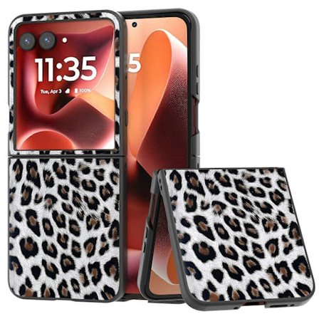 For Motorola Razr 60 Ultra 5G Mobiltelefondeksel Svart Kant Skinn + PC Leopardtrykk Mobiltelefondeksel (Sølv, Sølv)