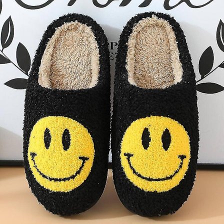 Retro hymyilevät kasvot Pehmeät muhkeat mukavat lämpimät Slip-on tossut pariskunnille Talviset lämpimät sisätilatarvikkeet - Perfet Black-FD17-