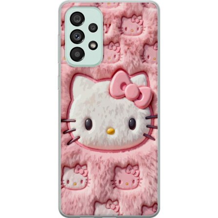 Kompatibelt Mobildeksel til Samsung Galaxy A73 5G Hello Kitty rosa fluffy bakgrunn med ikoniskt ansikt og kawaii-estetikk