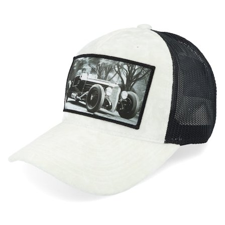 Calza Pennello - White trucker Gorra - Luxury Hot Rod Velvet White/Black A-frame Trucker @ Hatstore