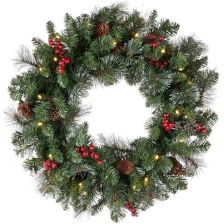 60 cm forhåndsopplyst kunstig julekrans, grønn, Crestwood gran, hvite lys, dekorert med kongler, bærklynger