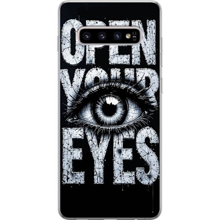 Kompatibelt Mobildeksel til Samsung Galaxy S10+ Mørk typografisk illustrasjon med øye og teksten Open Your Eyes, sterk kontrast og rå kunstnerisk gate
