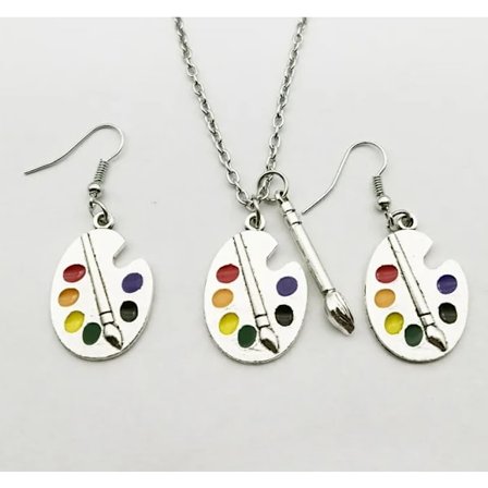 Necklace - Earrings -Set - Palette - Paintbrush - Asymmetrical
