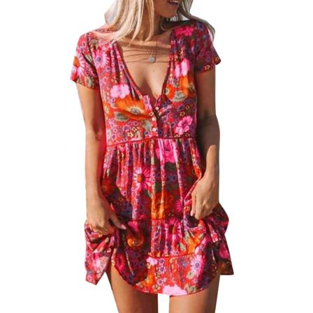 Kvinnor Plus Size Blommor Print Mini Klänning V-neck Kort Ärm Fol