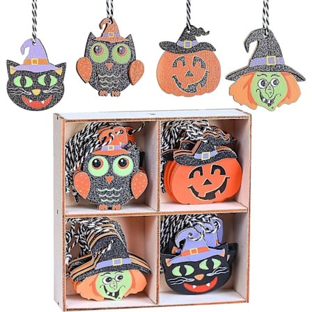 24 stk dekorative Halloween-trepynt - Gresskar, katt, heks, ugle
