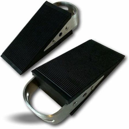 Förpackning med 2 hårda gummikilar med handtag av plåt, halkfria och repfria dörrstopp för golvmontering CALPOR2c, Svart