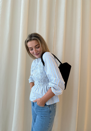 Bubbleroom - Smock Cotton Blouse - Blue/Striped - Kläder