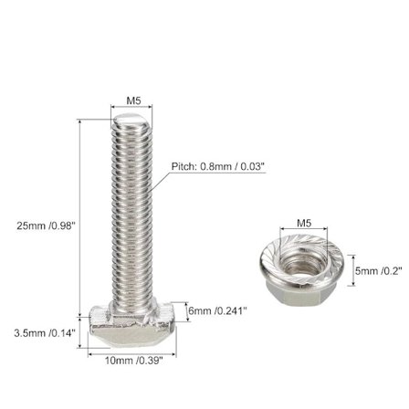 20 STK T-spor Drop-in Bolt M5 sekskant flensmuttersett