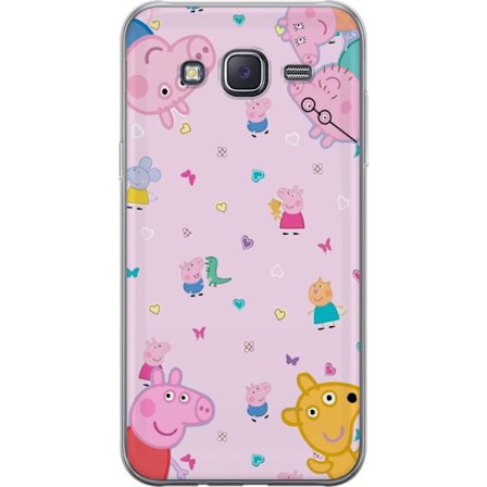 Kompatibelt Mobildeksel til Samsung Galaxy J5 Peppa Gris med en baby i armene, mamma gris motiv i fargerik og myk barneillustrasjon med hjerter