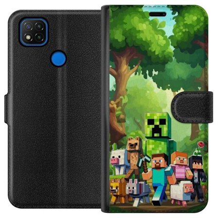 Kompatibel Tegnebogsetui til Xiaomi Redmi 9C Klodset pixeleret spilverden med grønne figurer og dyr i frodig skovmiljø