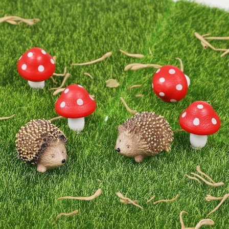 8 Pak Miniature Fe Haves Have Tilbehør, 4 Miniature Resin Pindsvin og 4 Træ Svampe, Fe Svampe Have